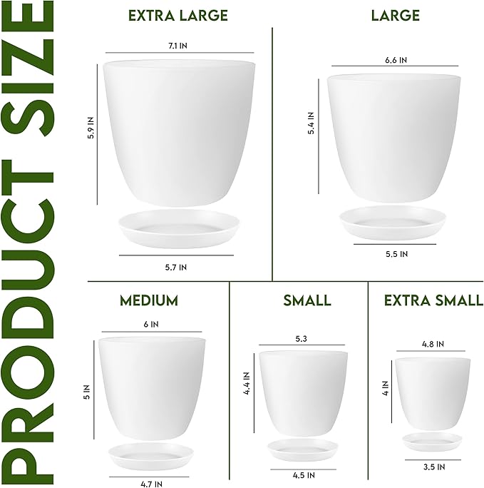 Utopia Home - Plant Pots Indoor with Drainage - 7/6.6/6/5.3/4.8 Inches Flower Pots for Indoor Planter - 5 Pack Plastic Planters - Ideal for Stocking Stuffers or Home Christmas Decorations - White