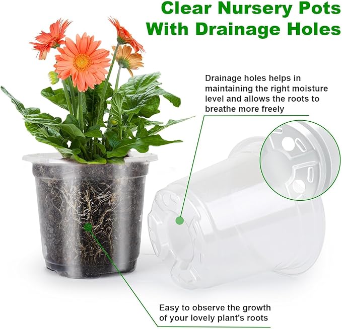 PEYOU 48 Packs 5/4/3.5 Inch Reinforced Clear Nursery Pots with Drainage Hole, Transparent Variety Pack Plastic Plant Pot Seedling Planter Seed Starter Flower 48pcs Labels