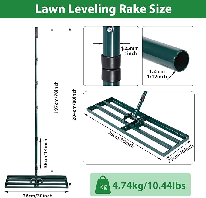 Lawn Leveling Rake,Stainless Steel Lawn Leveler with 30”x10” Ground Plate, 78” Adjustable Long Handle, Level Lawn Tool for Grass, Golf Field, Level Soil or Dirt Ground Surfaces-Green