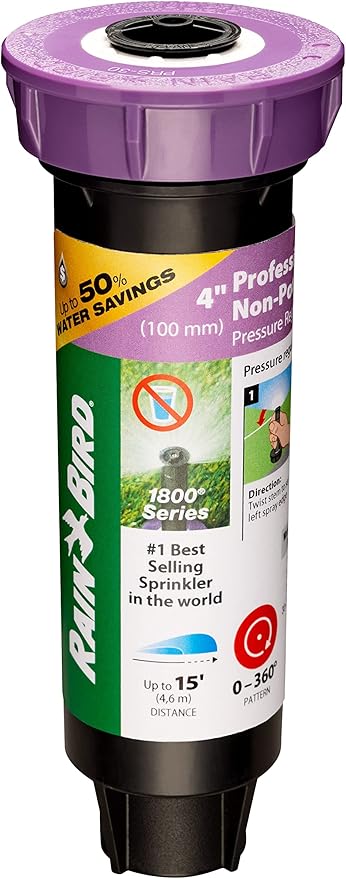 Rain Bird 1804NPPRS Pressure Regulating (PRS) Professional Non-Potable Water Pop-Up Sprinkler, Adjustable 0° to 360° Pattern, 8' - 15' Spray Distance, 4" Pop-up Height, Purple Cap