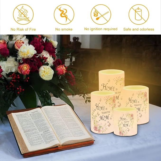 Mother's Day Decor Flameless Light Candles 4 PC, Home Is Where The Mom Is, Battery Operated Candles with Colorful Light Timer Remote Control Fake Tealights Home Ornaments, Pink Rose Butterfly