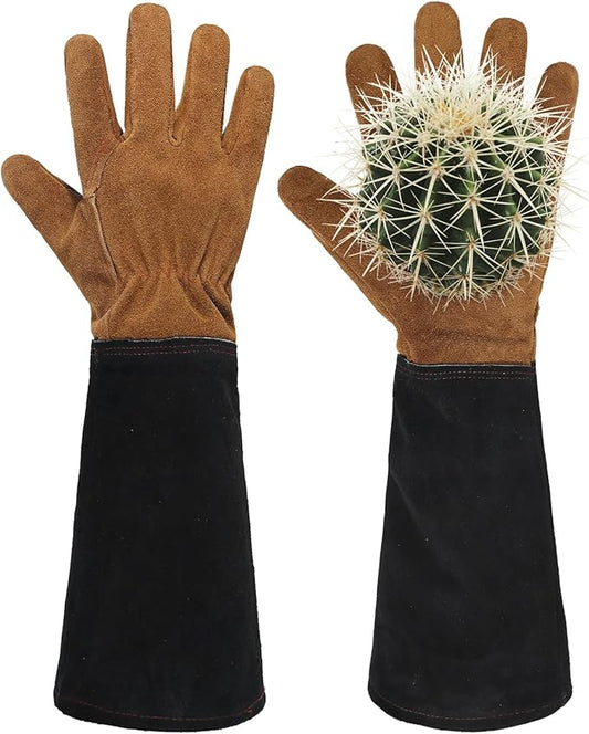 HANDLANDY Ladies Leather Gardening Gloves, Thorn Proof Women Long Rose Gloves (Black-brown, Medium (Pack of 1))