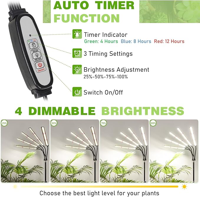 FOXGARDEN® Grow Lights for Indoor Plants with Stand, Full Spectrum Plant Lights for Indoor Growing with Flexible Gooseneck, Five-Head Floor Grow Lamp with 4/8/12H Timer & 4 Brightness Levels
