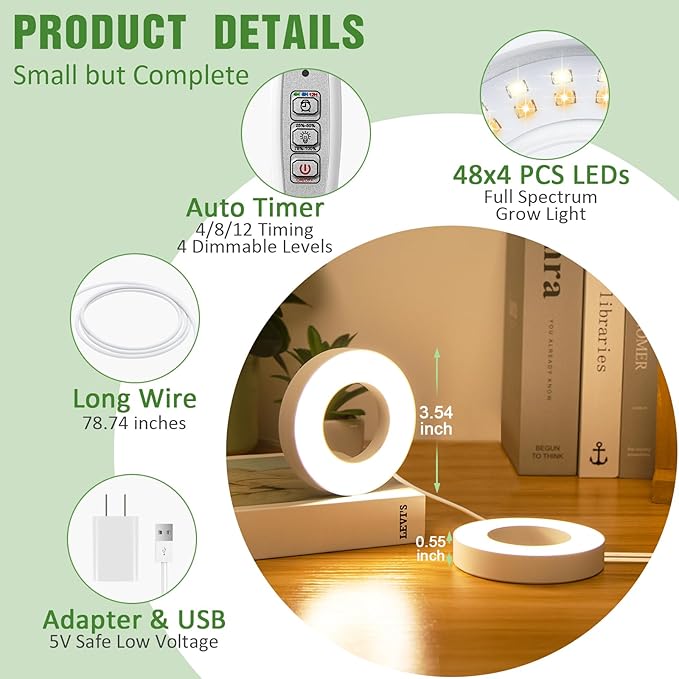 LORDEM Ceiling Grow Light for Indoor Plants, 192 LEDs Full Spectrum LED Plant Light, Plant Lamp with 3/6/12H Auto Switch, 4 Brightness Levels, Individual Bulb Control, Quad Head, Corded