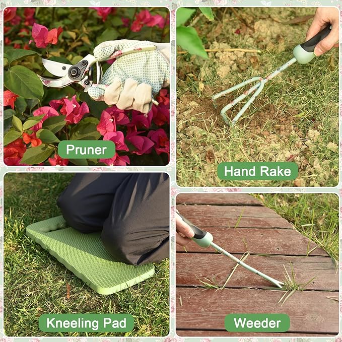 Gardening Tools, WisaKey 10 Piece Heavy Duty Garden Tools Set with Handle, Durable Fashion Garden Tool Organizer Handbag, Ideal Gardening Hand Tools, Gardening Gifts for Women Grandmother Granny