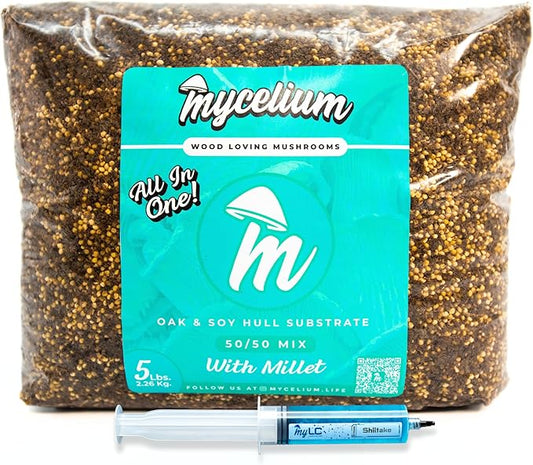 Mycelium’s Shiitake Gourmet Mushroom Kit | 5LBS Oak & Soy Hull with Millet Blend | 20ML Liquid Culture Syringe | All-in-One Complete Cultivation Kit | Pre-Sterilized - Home Growing Made Easy