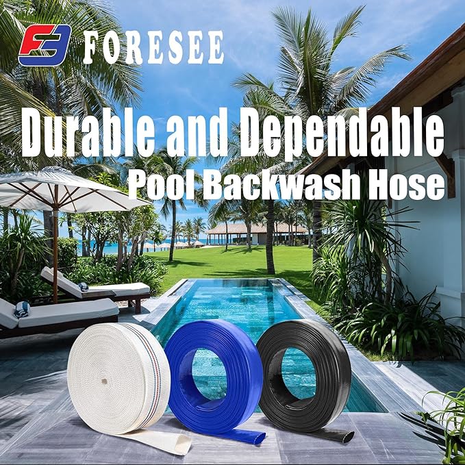 Foresee 1.25 in x 65 ft Backwash Discharge Hose Heavy Duty Reinforced, PVC Lay-Flat Fire Hose (White) with Dual Clamps, for Swimming Pool Pipe, Pump, Water Transfer, Garden Irrigation