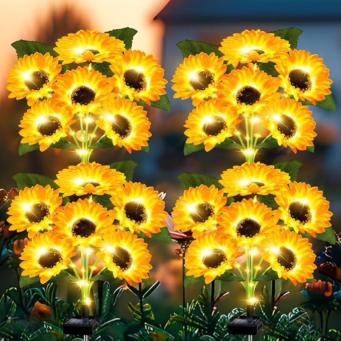 Solar Lights Outdoor Garden Decor,4 Pack with 24 Sunflower Lights,Solar Flowers Lights Waterproof,Sunflowers Gifts for Mom Women Grandma Birthday,Decorative Stakes Lights for Yard Patio Lawn