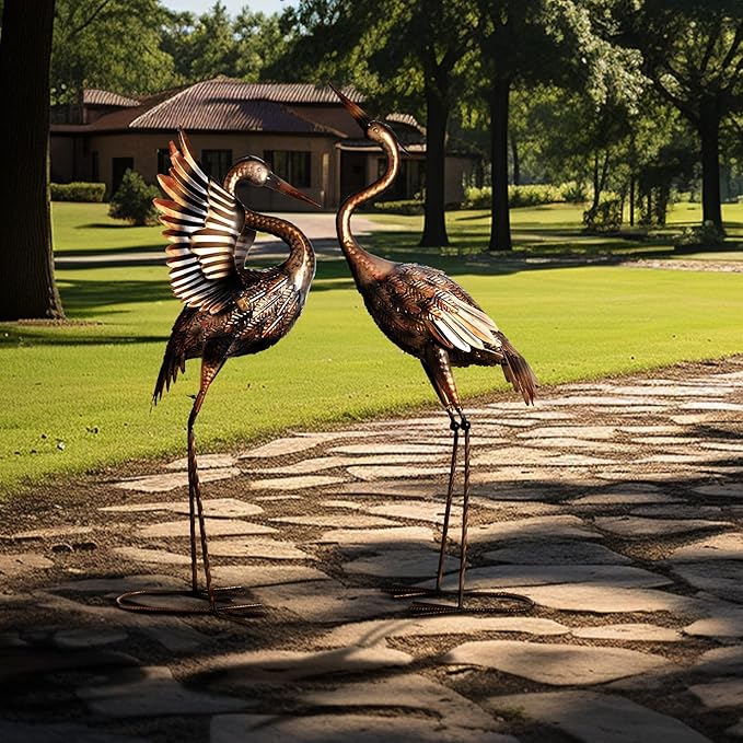 TERESA'S COLLECTIONS Yard Decorations Outdoor Garden Statues, Brass Metal Crane Yard Art, 25-26inch Lawn Ornaments for Backyard, Outside Porch, Patio, Wedding Decor,Set of 2,Spring Decor,Gifts for Mom