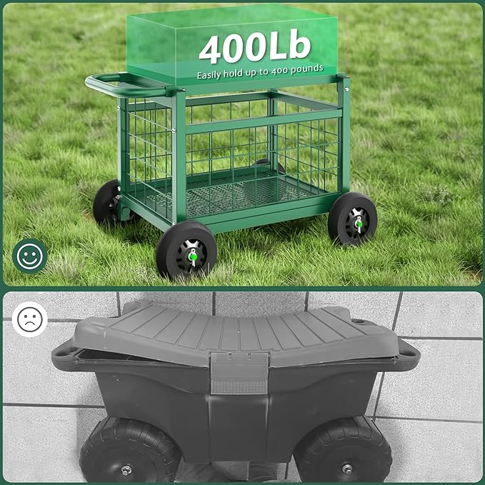 FLINTER Rolling Garden Work Seat with Wheels, Heavy Duty Garden Cart with Seat - Garden Rolling Cart Stools w/Wheels for Seniors