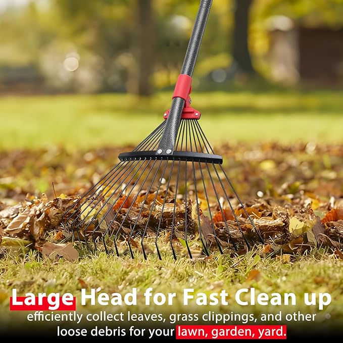 Rake for Leaves, Adjustable Garden Leaf Rakes for Lawns Heavy Duty, Metal Rake with 18 Clog-Free Tines, 9”-17” Collapsible Rake Head, 6 ft Long Handle, Yard Tools for Gardening Camping Fast Cleanup