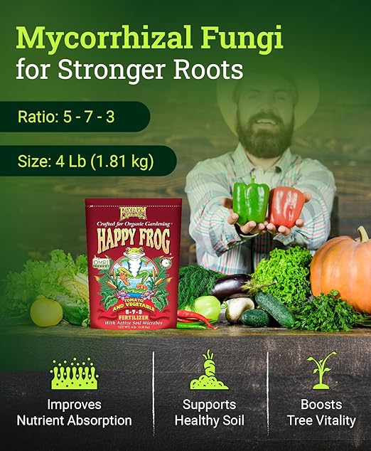 Fox Farm Happy Frog Tomato and Vegetable Fertilizer - Dry Tomato Fertilizer for Strong Growth, Plant Resistance, and Root Efficiency, NPK 5-7-3 (4 lb Bag)