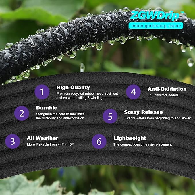 Soaker Hose 50 FT,1/2 Inch Soaker Garden Hose with 3/4" Solid Brass Connectors Save 80% Water Drip Irrigation Kit for Lawn/Yard Landscaping beds