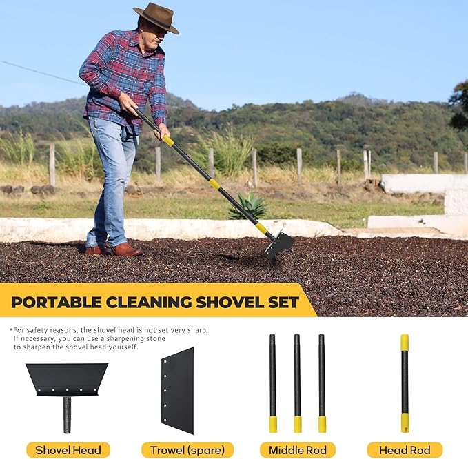 Garden Cleaning Shovel, 63" Adjustable Floor Scraper Long Handle Heavy Duty Tool, Multifunctional Flat Shovel Gardening Tools for Digging, Weeding,Scraping, Ice Remove (2 Blades)
