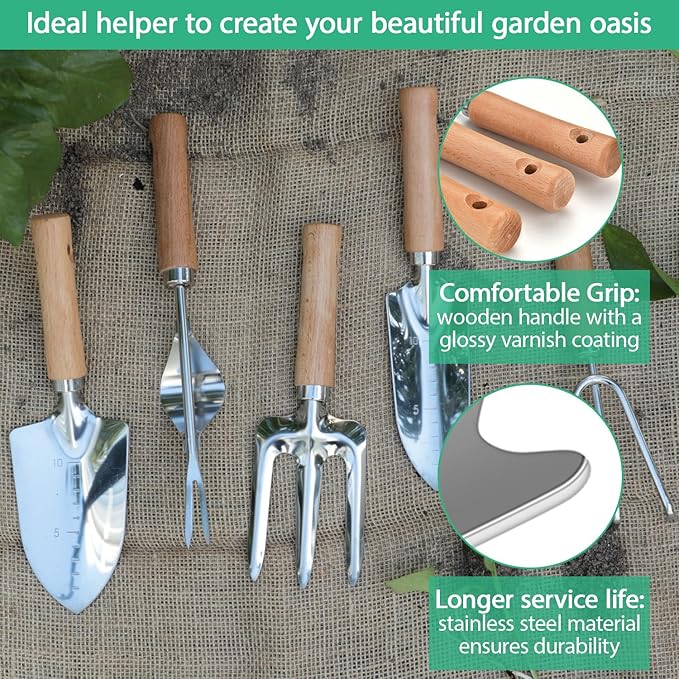 LeMotech Garden Tool Set,10 Pieces Heavy Duty Gardenting Tool Kit, Folding Stool with Detachable Tote Bag, Thicker Stainless Steel Tools (Trans-Planter,Trowel,Weeder etc.) for Women Men
