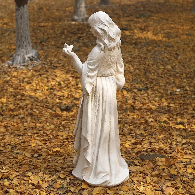 Garden Outdoor Nymph Statue Girl Maid Statue 40 Inch with Birdbath Bird Bath Bowl Magnesium Oxide Sculpture Patio Yard Lawn Decor Ivory