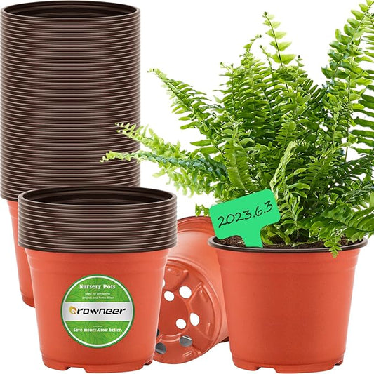 GROWNEER Nursery Pots 60 Packs 6 Inch Plastic Planting Pot with 15 Pcs Plant Labels, Seed Starting Flower Planter Container Seedling Starter Kit for Succulents Cuttings Transplanting