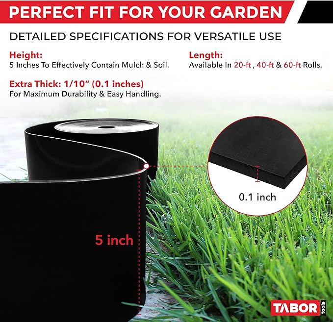 TABOR TOOLS 20 Ft Terrace Board, 5 Inch High, 0.1" Inch Thickness, Landscape Edging Coil, Grass Barrier, Bender Board, Garden Liner, ES30. (Black)