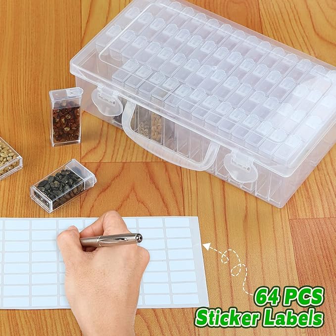64 Slots Plastic Seed Storage Box Organizer with Label Stickers(seeds not included), Seed Container Storage use for Flower Seeds,Vegetable Seeds, Clover Seeds, Basil Seeds, Tomato Seeds