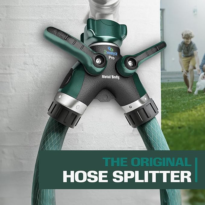 2WAYZ Hose Splitter 2 Way Heavy Duty - Outdoor Faucet and Garden Hose Splitter - Durable Water Spigot Splitter Y Adapter - All-Metal Water Hose Connector with Shut-Off Valve - 4 x 4 x 1.5 Inches