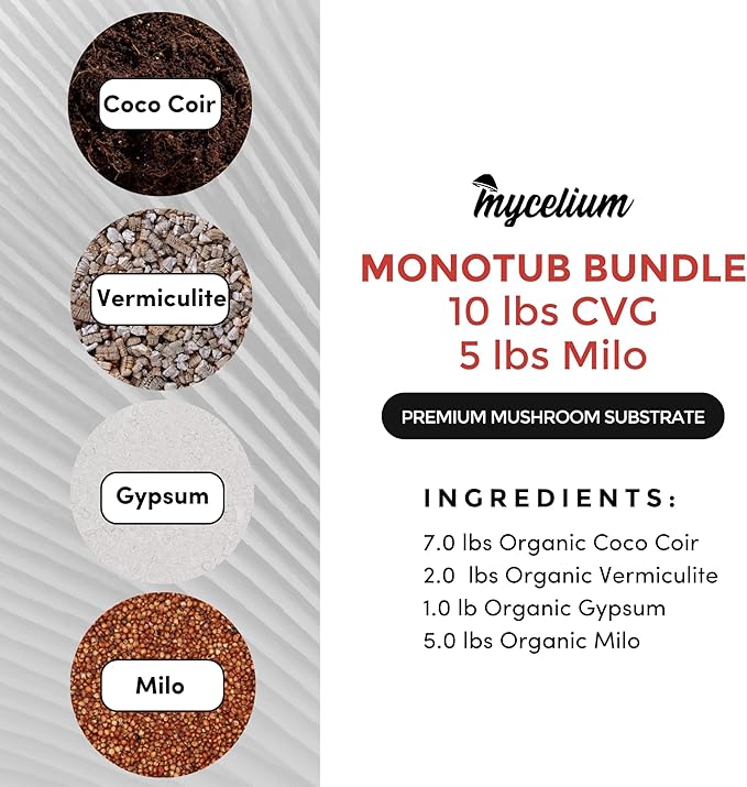 Mycelium's Dung-Loving Mushroom Monotub Bundle – 10LB Substrate & 5LB Milo Grain | Expertly Prepared for Peak Mycelium Growth | Nutrient-Dense for Home Growers | Sterile Bags for Beginners & Pros