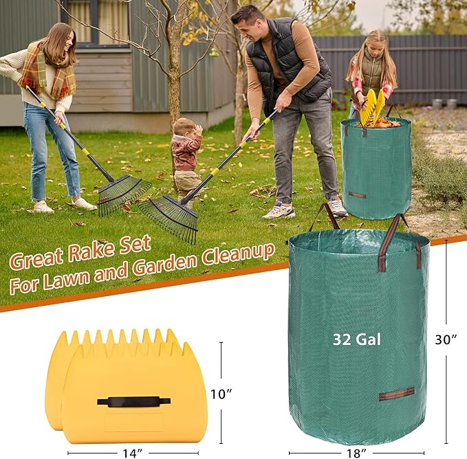 Rake, Garden Leaf Rake Set, 65 Inch Long 18 Inch Wide Heavy Duty Leaf Rake with 25 Metal Tines, 32 Gallon Leaf Bags, Leaf Scoops, Yard Garden Thatching Rake for Leaves with Adjustable Handle