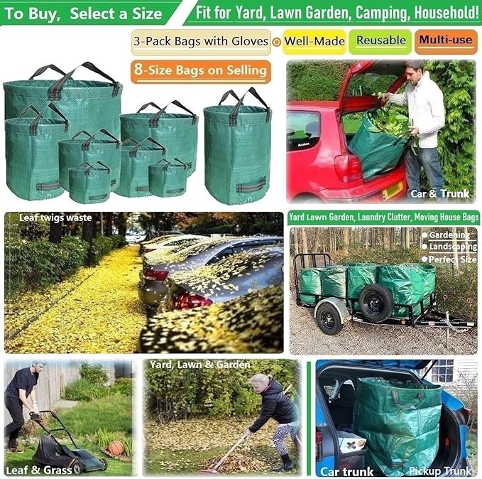 Standard 3-Pack 32 Gallons Garden Yard Bags (D18, H30 inches) with Coated Gardening Gloves Reusable Leaf Bags Standable Gardening Plant Trimming Bags Trash Containers Lawn Yard Waste Bags 4 Handles