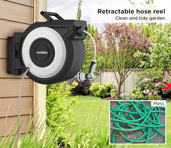 Tuyeho Retractable Garden Hose Reel 130 FT, Wall Mount Heavy Duty Water Hose Reels with Automatic Slow Rewind System, Outdoor Hoses Reel with 2 Hose Nozzles for Garden Watering, Car Wash, Pet Shower