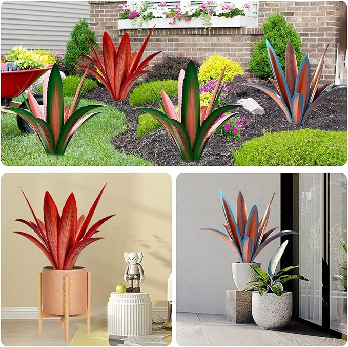 Enlarge thickened Wind Resistant Metal Agave Garden Art Metal Plant Country Garden Sculpture Statue Outdoor decoration Agave Metal Plant Courtyard Garden Lawn Ornament Gift (2, 12 Leaves blue)