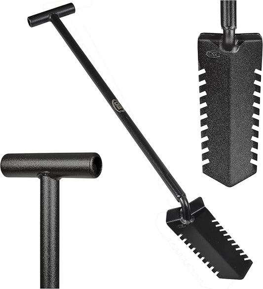 CKG Metal Detecting Shovel Digging Tool with Double Serrated Blade – Heavy Duty Digger Garden Root Cutter T-Handle Spade Professional Metal Detector Accessories, Single