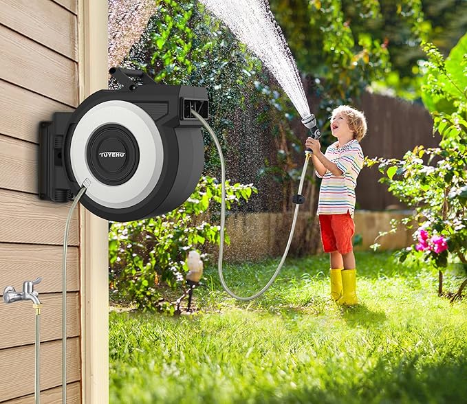 Tuyeho Retractable Garden Hose Reel 130 FT, Wall Mount Heavy Duty Water Hose Reels with Automatic Slow Rewind System, Outdoor Hoses Reel with 2 Hose Nozzles for Garden Watering, Car Wash, Pet Shower