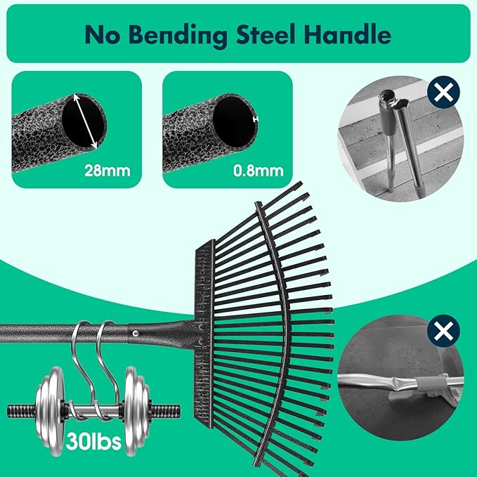 Rake - 79 Inch Long Garden Leaf Rake, 18 Inch Wide Heavy Duty Leaf Rake for Shrub with 25 Metal Tines,Yard Rake with Ergonomics Adjustable Handle for Picking up Leaves, Grass Clippings, Garbage