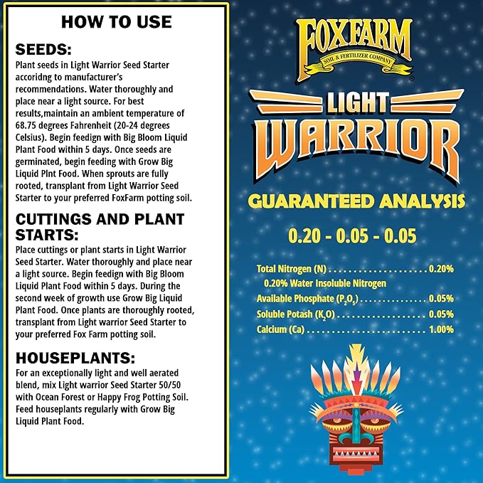 FoxFarm Light Warrior Seed Starter Growing Medium, 1cu ft - Beneficial for Seed Germination and Root Development, Indoor/Outdoor Cultivation - Ideal Nutrition for Plant Seedlings