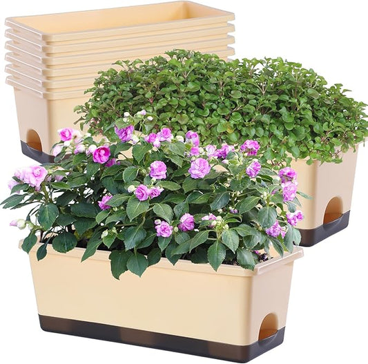 Window Box Planter 8 Pcs, 17 Inches Rectangle Flower Pots with Drainage Holes and Trays, Vegetable Planters for Windowsill Patio Garden Balcony Home Porch Yard Indoor Outdoor (Barley Yellow)