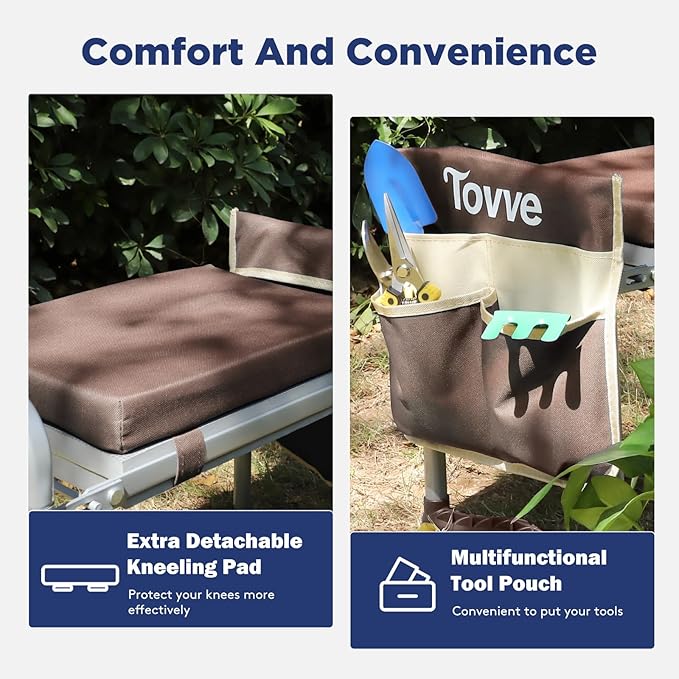 Foldable Garden Kneeler and Seat, Heavy Duty Garden Stool with 10" Wide Detachable Kneeling Pad, Portable Garden Bench Chair with Large Garden Tool Bag, Gardening Gifts for Women, Seniors