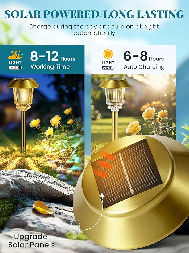 Solar Lights Outdoor Waterproof,4 Pack Gold Pathway Lights with 10-40 LM Dimmable Glass and Metal, Solar Powered Garden Decor for Yard,Patio,Pathway,Driveway(Warm White)