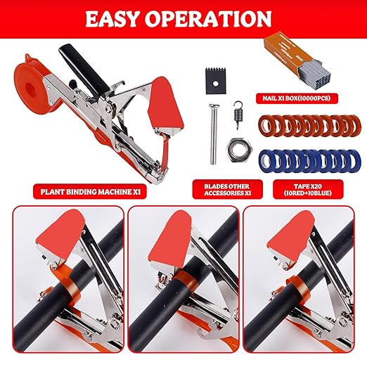 Plant Tying Machine Taper Tool Garden Plant Tape Tool for Grapes, Raspberries, Tomatoes and Vining Vegetables, Comes with 21Rolls of Tapes and 1 Box of Staple (Orange)