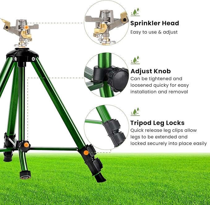 Impact Sprinkler on Tripod Base, 2 Pack Lawn Sprinkler for Yard 360 Degree Large Area Water Sprinkler for Lawn Heavy Duty Garden Sprinkler with 3/4 Inch Connector Extension Legs Flip Locks