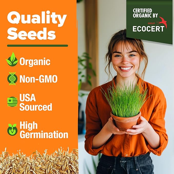 HOME GROWN Organic Cat Grass Seeds Pack 8oz – 7200 𝗡𝗢𝗡-𝗚𝗠𝗢 𝗨𝗦𝗔-𝗦𝗢𝗨𝗥𝗖𝗘𝗗 Heirloom Oat & Barley Grass Seeds for Indoor Cats – High Germination Hairball Relief, Pet Grass Ready in 7Days