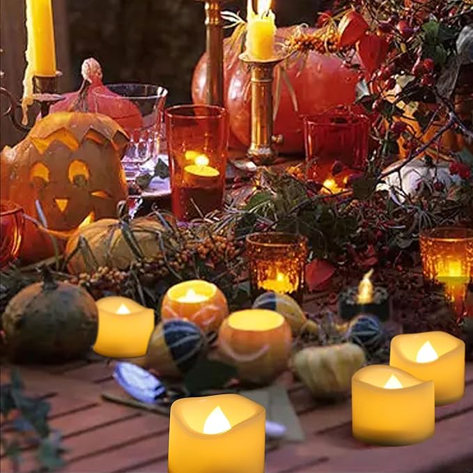 CANDLE CHOICE Battery Operated Flameless Tea Lights White Flickering LED Electric Fake Votive Tealight Candles Halloween Pumpkin Wedding Christmas Decorations Table Centerpieces 48 Pack Batteries Incl