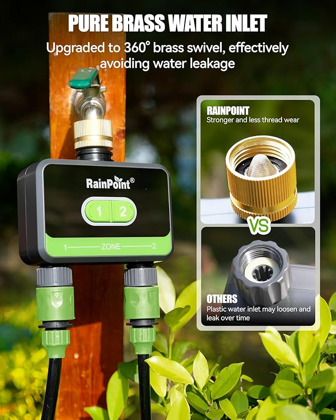 RainPoint WiFi Water Timer for Garden Hose with Brass Inlet, 2-Zone Smart Hose Timer, Sprinkler Timer WiFi Irrigation Controller, Automatic Watering System for Lawns and Yard