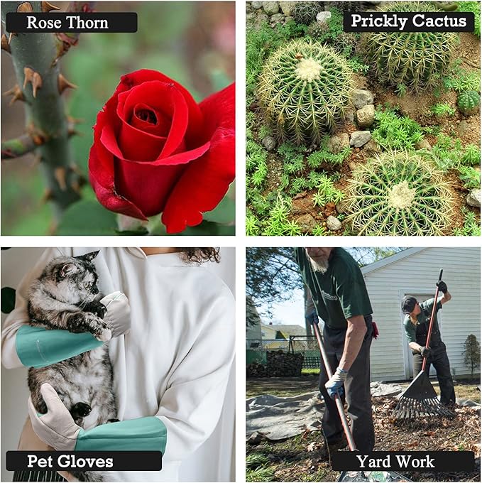 HANDLANDY Long Gardening Gloves for Men & Women, Thorn Proof Rose Pruning Gloves Leather Gauntlets Garden Gloves Yard Work Gloves (Large, Green)