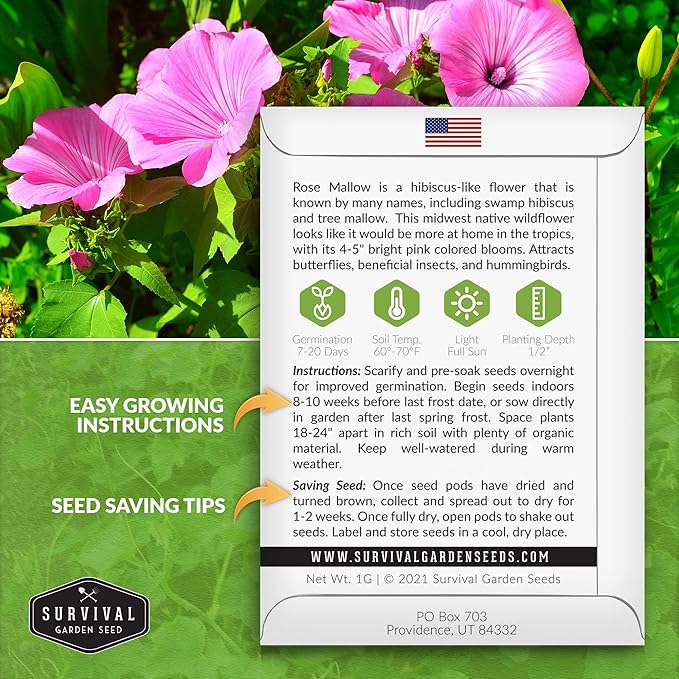 Survival Garden Seeds - Rose Mallow Seed for Planting - Packet with Instructions to Plant and Grow Bright Pink Native Wildflower in Your Home Vegetable Garden - Non-GMO Heirloom Variety - Rose Seeds