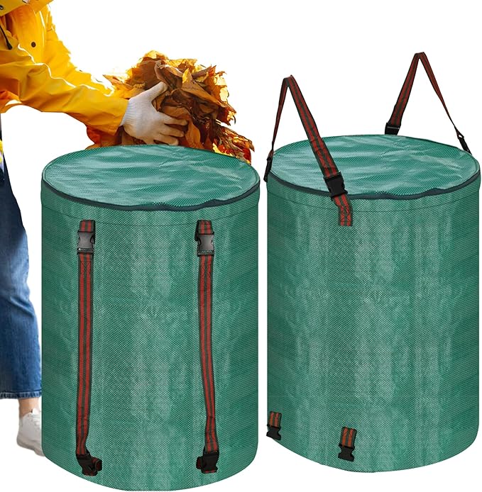 Leaf Collector Bag with Lid, Shoulder Strap, and Drawstring – Reusable Yard Garden Bag for Leaves and Lawn Trash, Perfect for Leaf Removal, Yard Clean-Up (With lid, 32 Gallon)