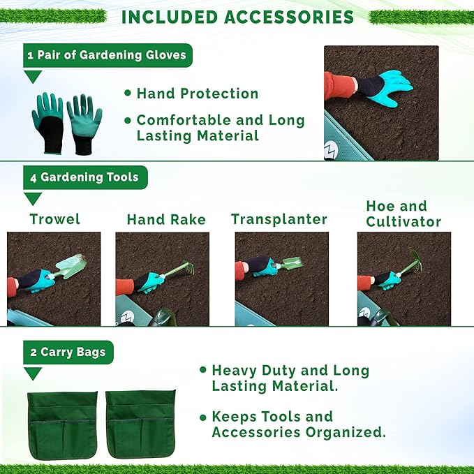 Morvat Garden Kneeler and Seat with Four Gardening Tools, Pair of Gloves + Two Side Pouches, Heavy Duty Metal & Thick Foam for Women Men Mom Seniors, Foldable Portable, Kneeling Pad with Safety Locks