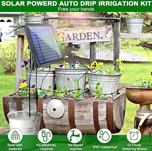 Solar Drip Irrigation Kit Accessories, 32.8FT Solar Powered Auto Easy DIY Irrigation System Expansion Kit with Anti-Siphoning Device for Balcony Patio & Garden