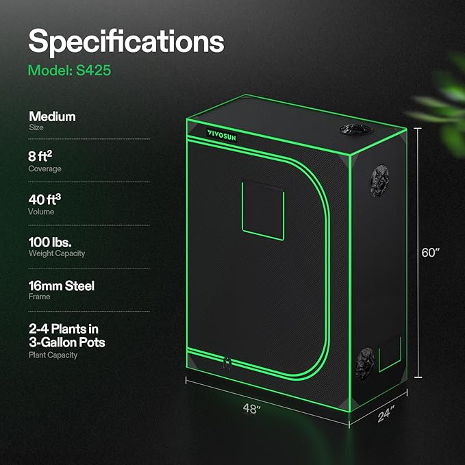 VIVOSUN S425 4x2 Grow Tent, 48"x24"x60" High Reflective Mylar with Observation Window and Floor Tray for Hydroponics Indoor Plant for VS2000