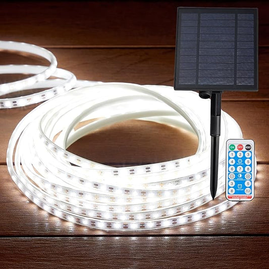 LUHLEE Solar LED Strip Lights, Upgrade Outdoor Rope Lights 8 Lighting Modes,IP65 Waterproof String Lights for Patio Yard Deck Porch Balcony Garden (White, 32.8 ft)