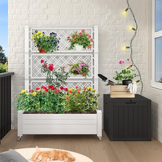 YITAHOME 3.6x1.5x5 FT Planter Box Trellis with Wheels, Large Outdoor Plastic Raised Garden Bed with Drain Plug for Climbing Plants, Grayish-White