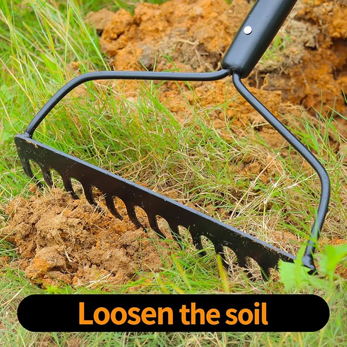 Garden Rake for Gardening, Heavy Duty Garden Rake for Lawns, 14 Tines Bow Rake with Fiberglass Handle, 58 Inches